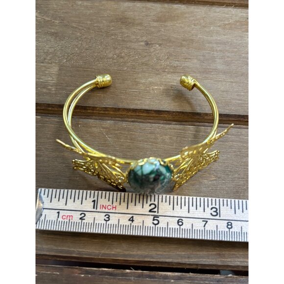 Gold Butterfly Cuff Bracelet With Green Stone Centerpiece Handmade Adjustable Je - Picture 6 of 10